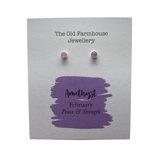 New 925 Silver & Amethyst Set February Birthstone Stud Earrings with the approximate weight 0.50 grams. The gemstone is 4mm diameter and the back of the stud is 9mm long, held in place with a butterfly back. Amethyst is the birthstone for the month of February and is said to bring peace and strength to the wearer