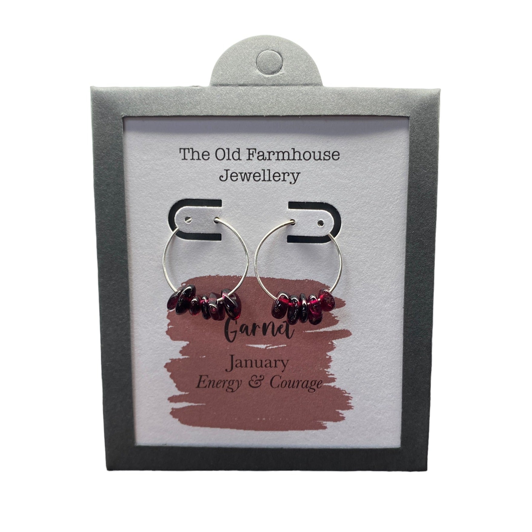 New 925 Silver & Garnet Set January Birthstone Hoop Earrings with the approximate weight 2 grams. The earrings contain approximately six gemstone each and the diameter of the hoops are each 2cm. Garnet is the birthstone for the month of January and is said to bring positive energy and courage to the wearer