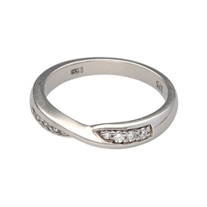 A delightful eternity ring with a crossover design, featuring a straight row of channel set Diamonds, interrupted by the White Gold band slicing through the centre of it. This creates a beautiful design that works well with most other White Gold rings, this piece is perfectly crafted to compliment other rings while maintaining some character of its own. The approximate Diamond weight of this piece is 0.15ct