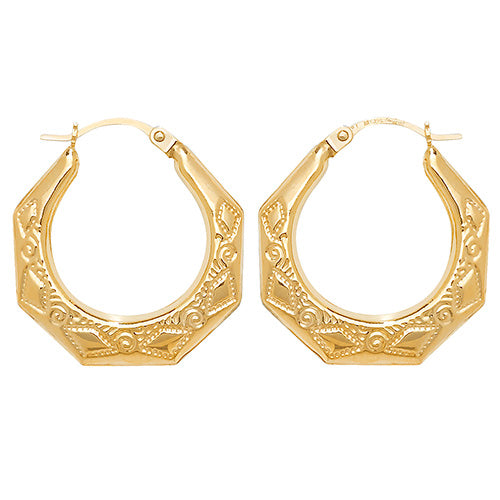 9ct Gold Patterned Hexagonal Earrings