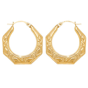 9ct Gold Patterned Hexagonal Earrings